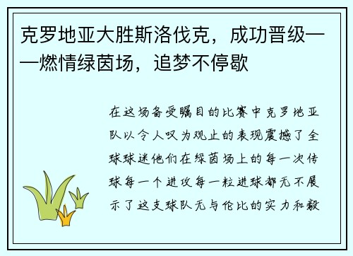 克罗地亚大胜斯洛伐克，成功晋级——燃情绿茵场，追梦不停歇