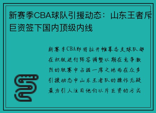 新赛季CBA球队引援动态：山东王者斥巨资签下国内顶级内线