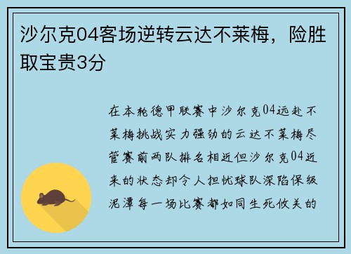 沙尔克04客场逆转云达不莱梅，险胜取宝贵3分
