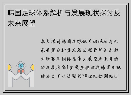 韩国足球体系解析与发展现状探讨及未来展望