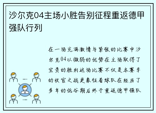 沙尔克04主场小胜告别征程重返德甲强队行列