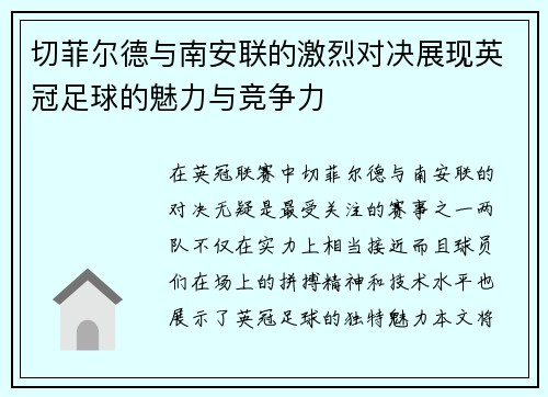 切菲尔德与南安联的激烈对决展现英冠足球的魅力与竞争力