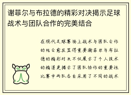 谢菲尔与布拉德的精彩对决揭示足球战术与团队合作的完美结合