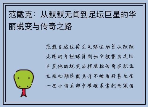 范戴克：从默默无闻到足坛巨星的华丽蜕变与传奇之路