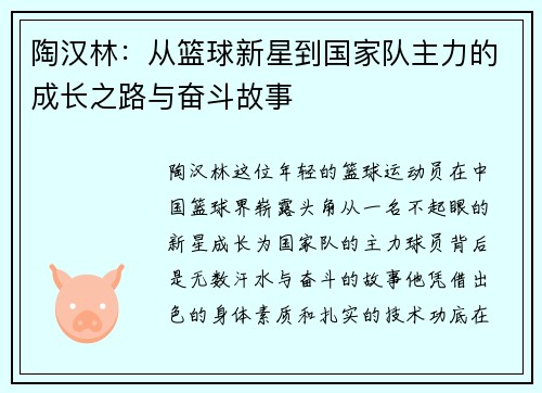 陶汉林：从篮球新星到国家队主力的成长之路与奋斗故事