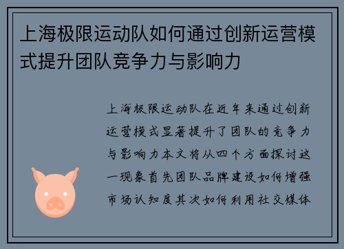 上海极限运动队如何通过创新运营模式提升团队竞争力与影响力
