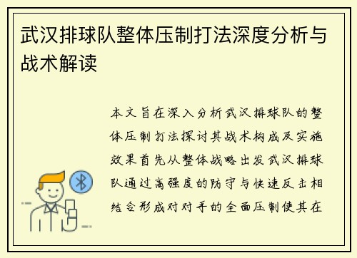 武汉排球队整体压制打法深度分析与战术解读